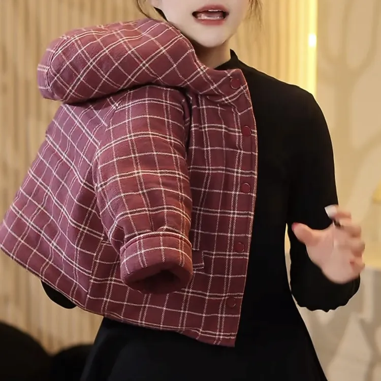 儿童秋冬新款时尚宽松保暖加绒加厚潮流加绒棉服格子保暖厚款外套