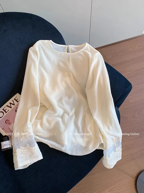 新中式网纱静奢风丝绒T恤女2025秋季新款简约慵懒风百搭衬衫上衣