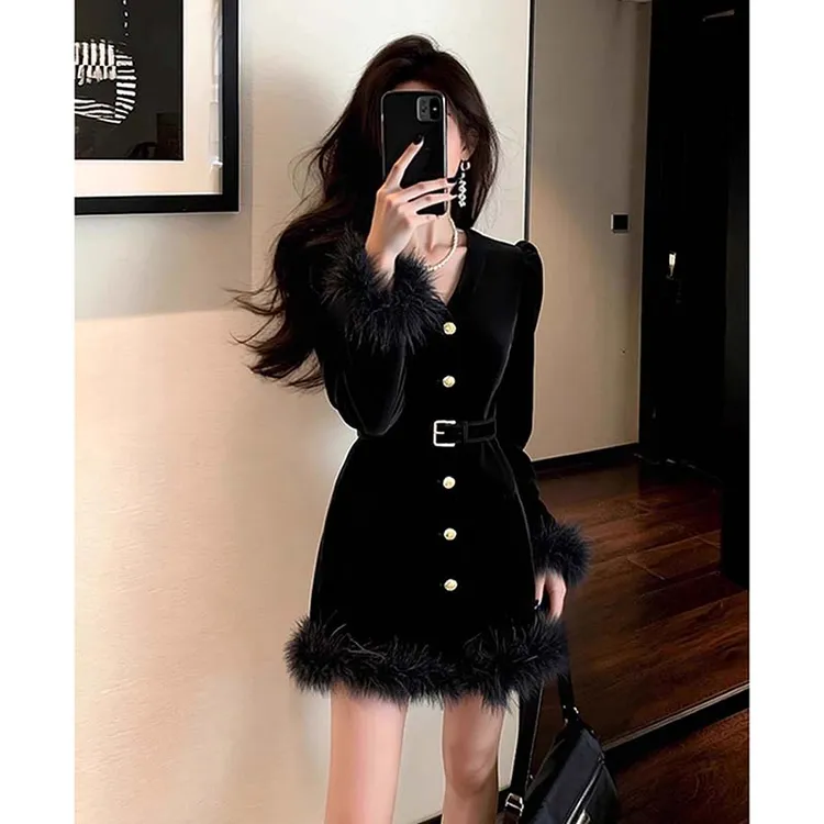 【达播】【含腰带】裙子高端精致法式轻熟小个子黑色连衣裙女TX0317