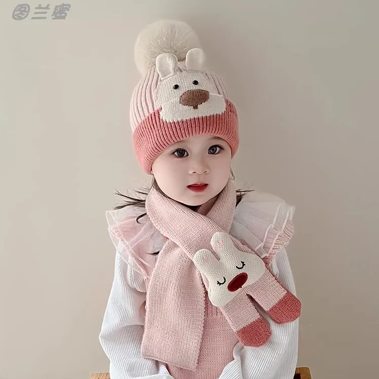 宝宝秋冬帽子围巾套装防寒保暖针织帽冬天女童可爱卡通毛线帽男童