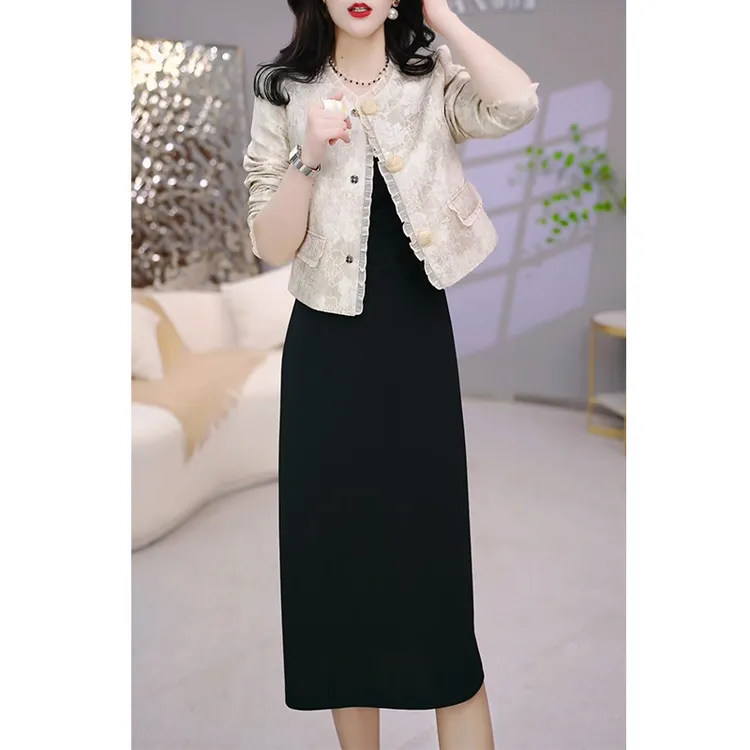 阔太太长袖提花两件套连衣裙女2025春夏新款妈妈背心裙套装礼服裙