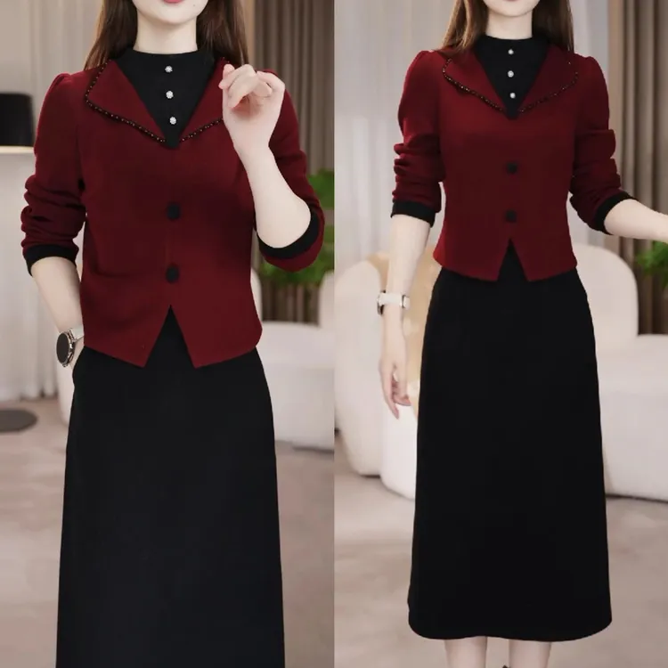 【衣雅严选】8100-2734#新款洋气时尚手工钉珠翻领假两件连衣裙