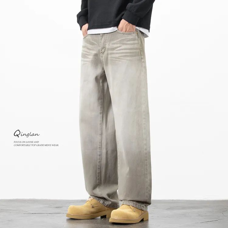 烟灰色牛仔裤男直筒宽松美式复古潮牌休闲百搭大码秋冬款痞帅裤子