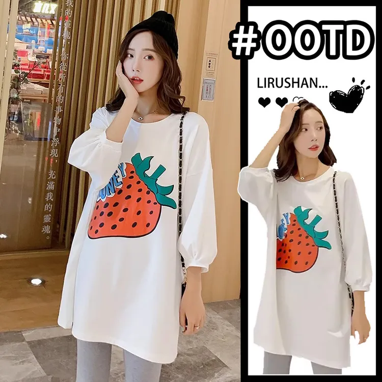 设计感孕妇装2025春夏季新款孕妇7分袖草莓印花T恤孕妇纯棉上衣潮