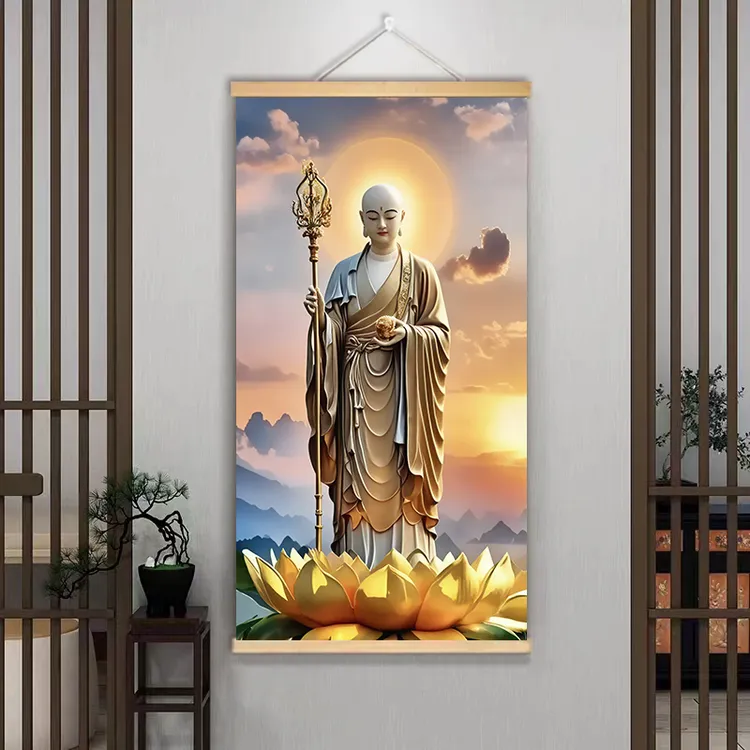大愿地藏王菩萨挂画实木挂画九华山高清玄关家居装饰画高档卷轴画