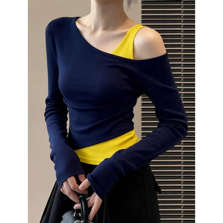 斜肩假两件露肩收腰T恤女2025新款漂亮巨好看时尚气质掐腰上衣