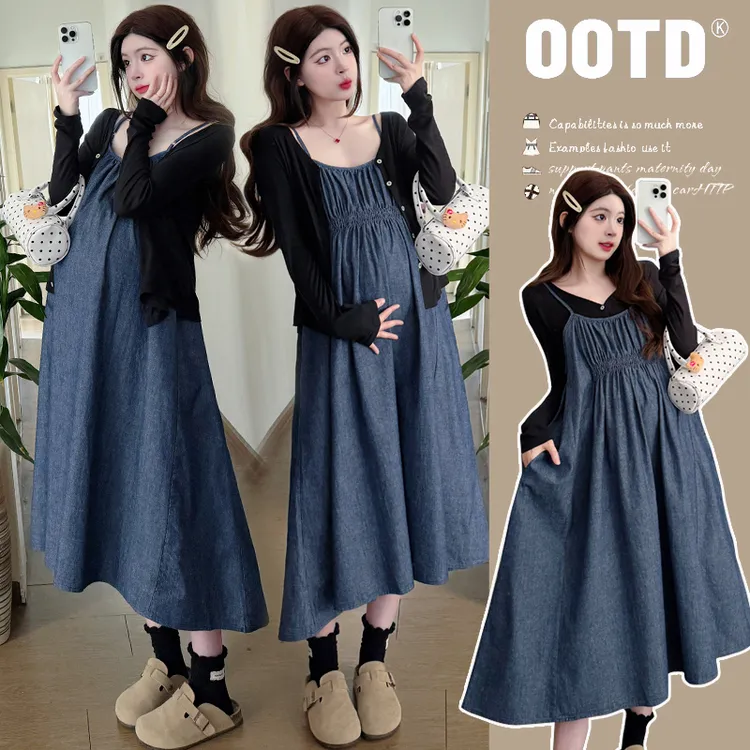 橙子家-新款简约百搭孕妇宽松大码牛仔休闲裙吊带+开衫两件套