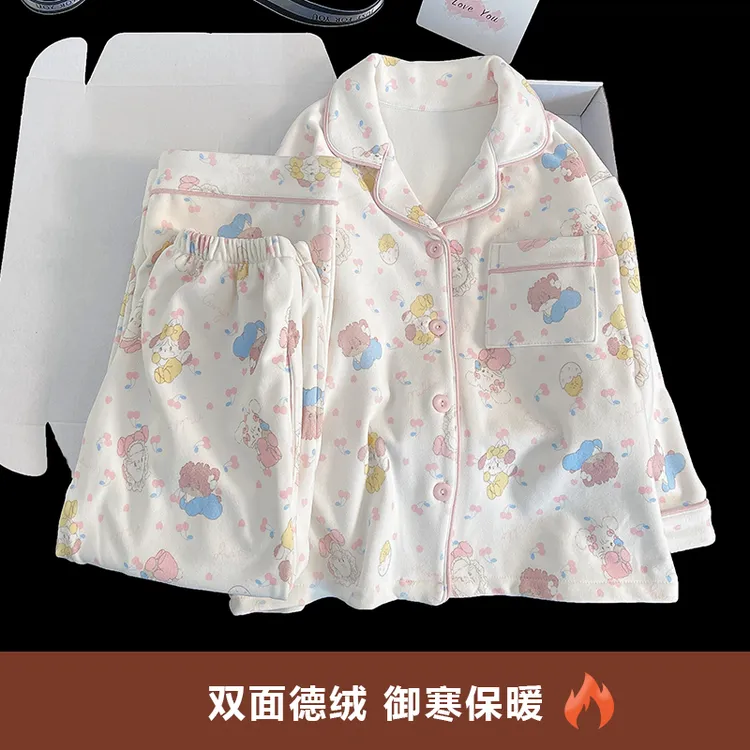 秋冬新款德绒长袖开衫家居服6-12岁儿童保暖亲子洋气家居服套装