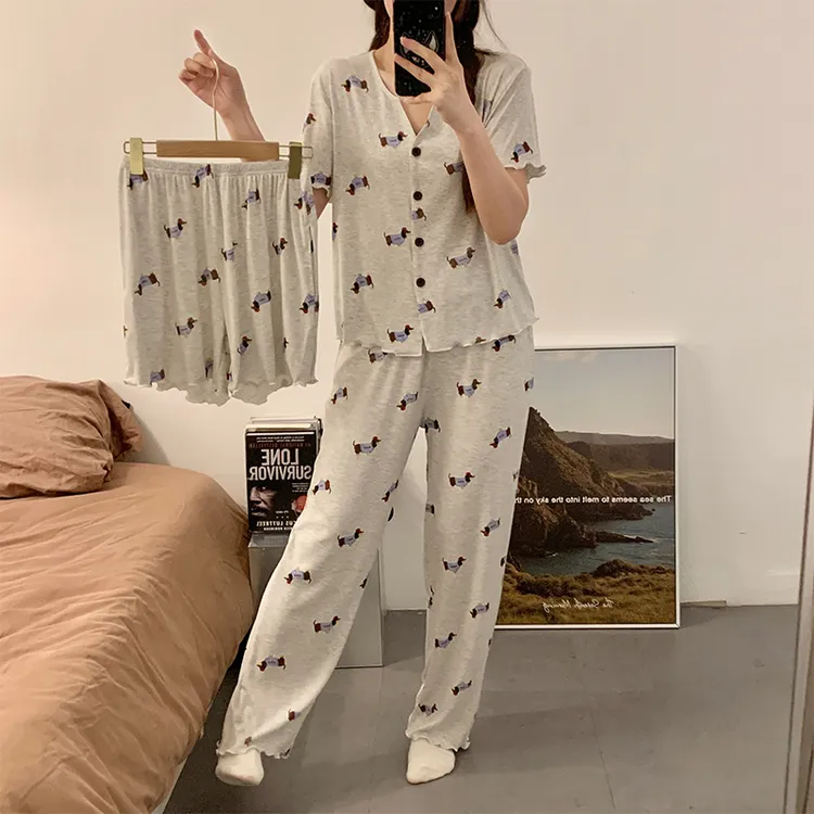 睡衣女三件套夏季莫代尔短袖卡通腊肠狗2025新款夏天可外穿家居服