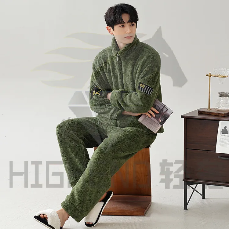 U+摇粒绒睡衣男士秋冬季新款加厚可外穿珊瑚绒立领拉链家居服套装