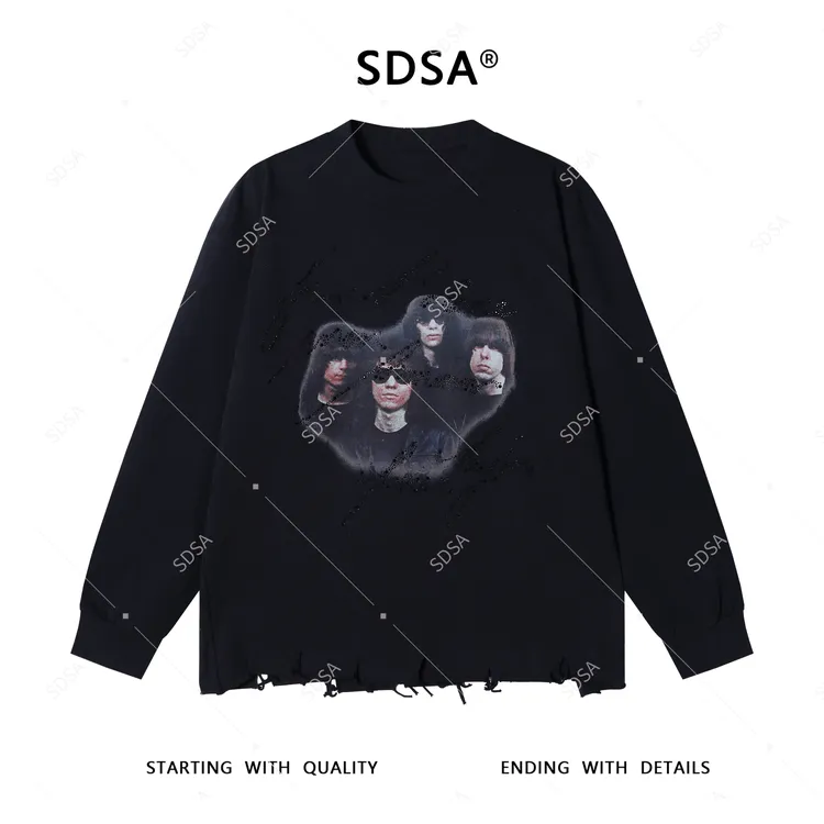 SDSA男士2025新款轻奢痞帅男装人像印花烫钻圆领卫衣破烂设计复古