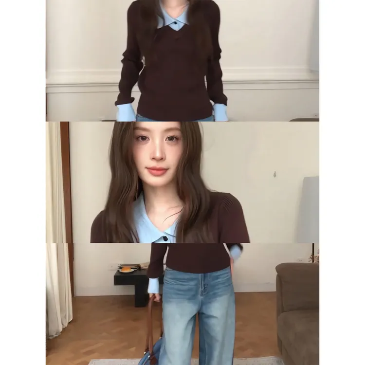 韩系拼接袖口翻领针织衫长袖打底衫上衣复古蓝阔腿牛仔裤拖地裤子
