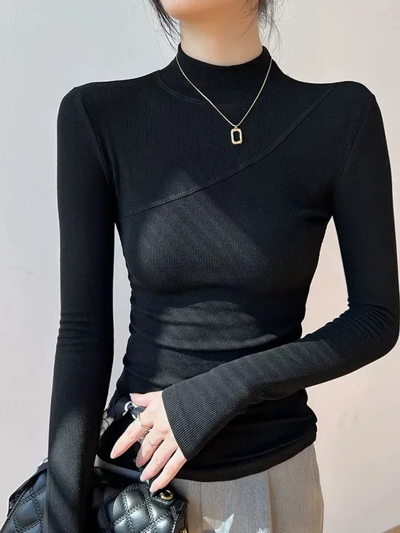 胖MM秋冬新款洋气设计感半高领长袖女修身显瘦内搭打底衫上衣0327