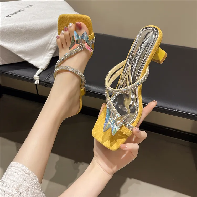蝴蝶结凉拖鞋女夏季外穿2025新款银色细跟高跟鞋水钻一字带凉鞋女