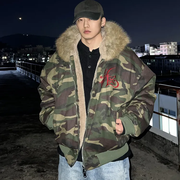 HIP潮牌cleanfit迷彩连帽座山雕棉衣男美式短款秋冬毛领棉服外套