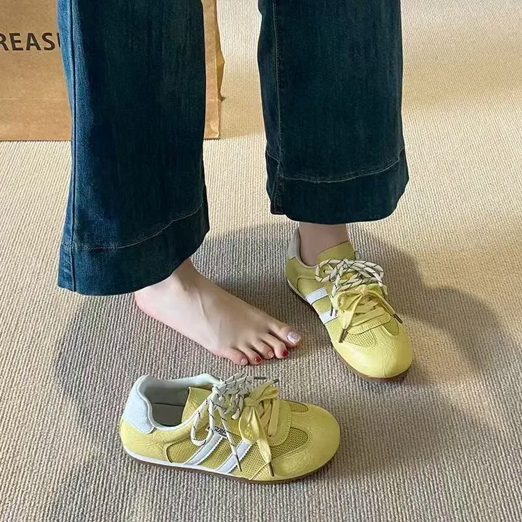 网面德训鞋女2025春夏新款圆头厚底薄款透气舒适休闲运动鞋潮