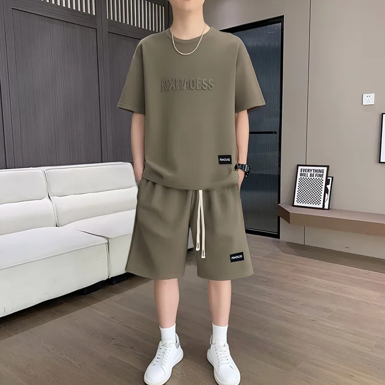薄款透气两件套休闲运动服五分短裤子男士夏季套装青少年短袖t恤