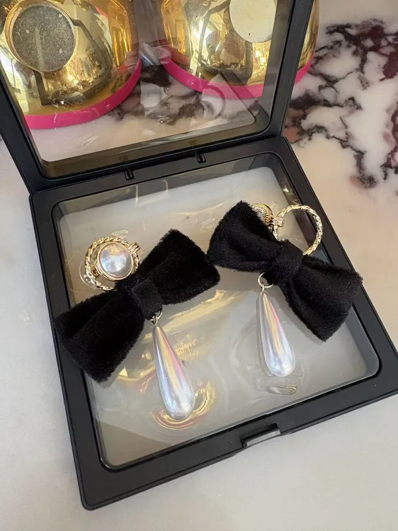 非金属布艺耳饰 黑丝绒珍珠吊坠耳环
