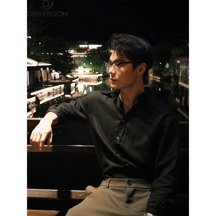 人夫感雅痞风黑色正肩长袖衬衫男高级感痞帅修身上衣内搭西装