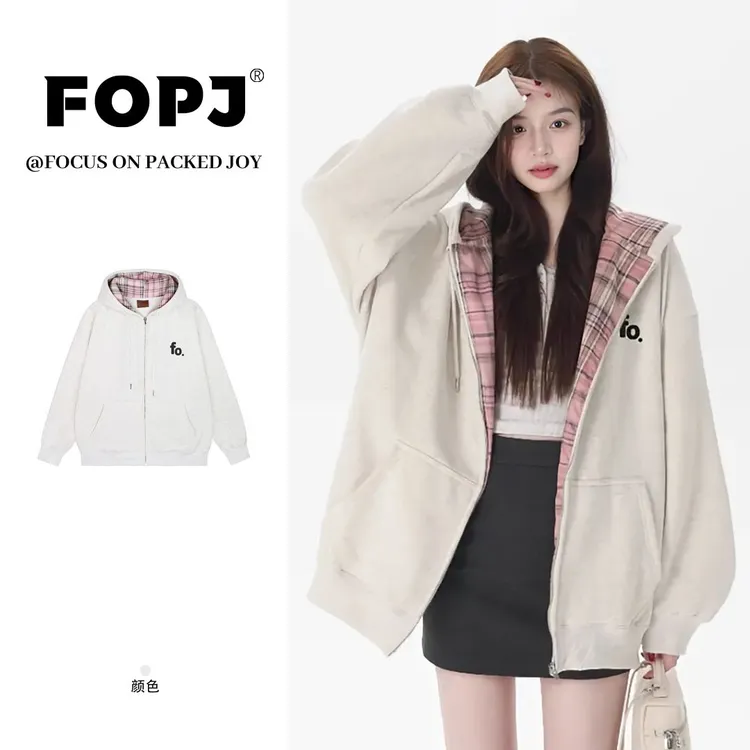 FOPJ宽松休闲银狐绒双层连帽卫衣女oversize加绒加厚印花白灰拼粉