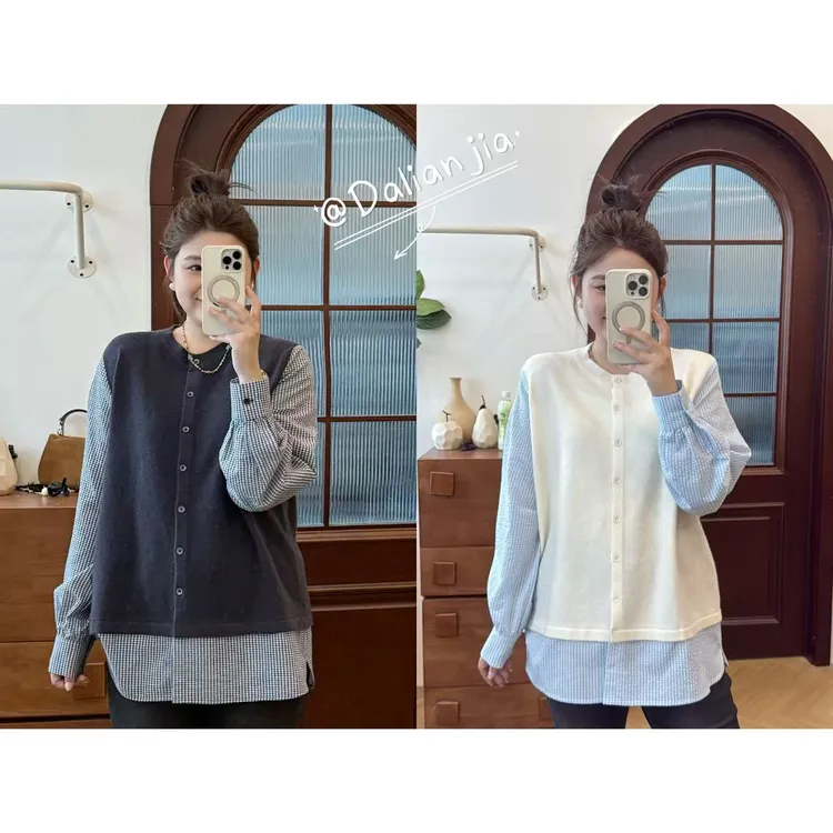 晶咕佳佳【恒温秋日】针织马甲拼接款格纹长袖上衣时尚休闲宽松