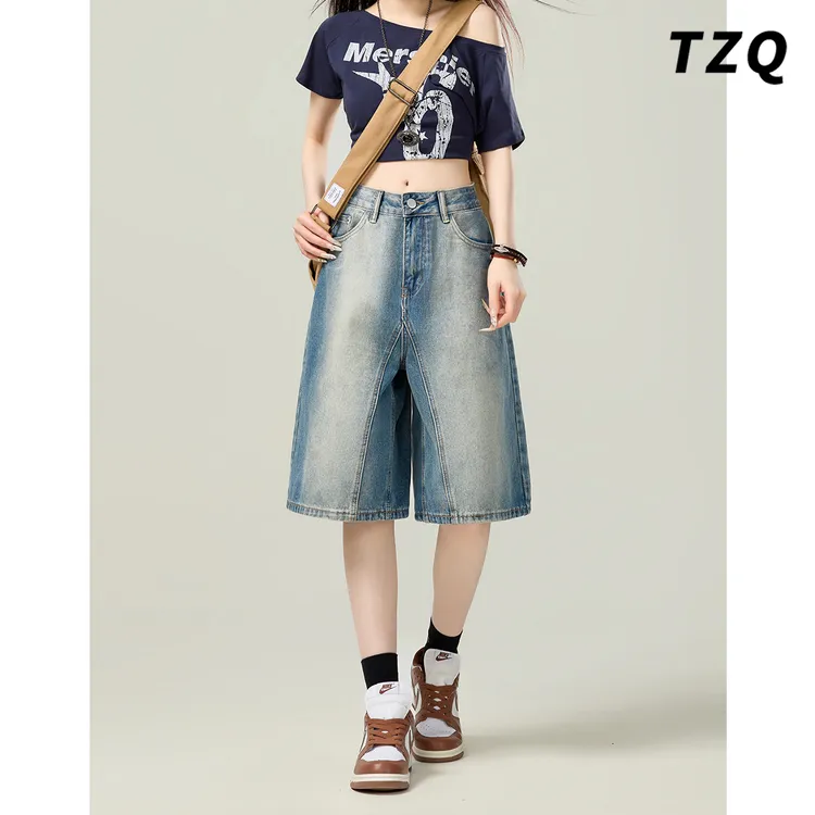 高腰宽松美式复古牛仔裤女2025夏季新款渐变五分阔腿裤TZQ2540830