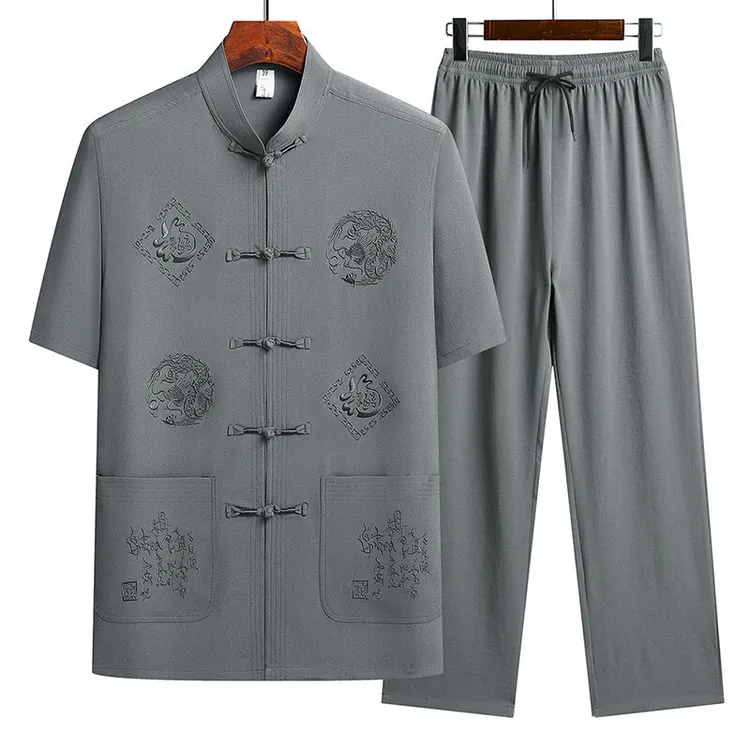新中式唐装男夏季短袖套装中老年刺绣宽松衬衫太极服爸爸装晨练服
