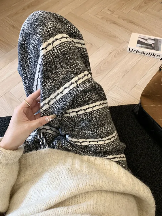 时尚复古条纹阔腿裤女2025新款秋冬韩系慵懒风高腰拖地休闲直筒裤