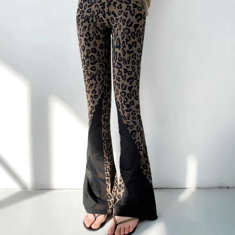 夏季薄款豹纹拖地裤长裤喇叭裤透气瑜伽打底裤高个子加长女款