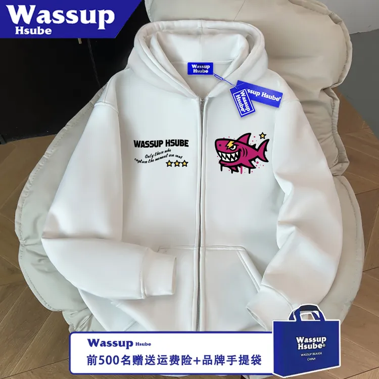 WASSUP HSUBE潮流印花长袖宽松情侣字母鲨鱼痞帅拉链秋冬连帽上衣