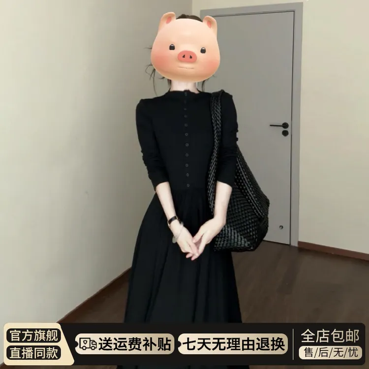 黑色赫本风针织连衣裙子女早秋装2025新款韩系穿搭高级感气质长裙