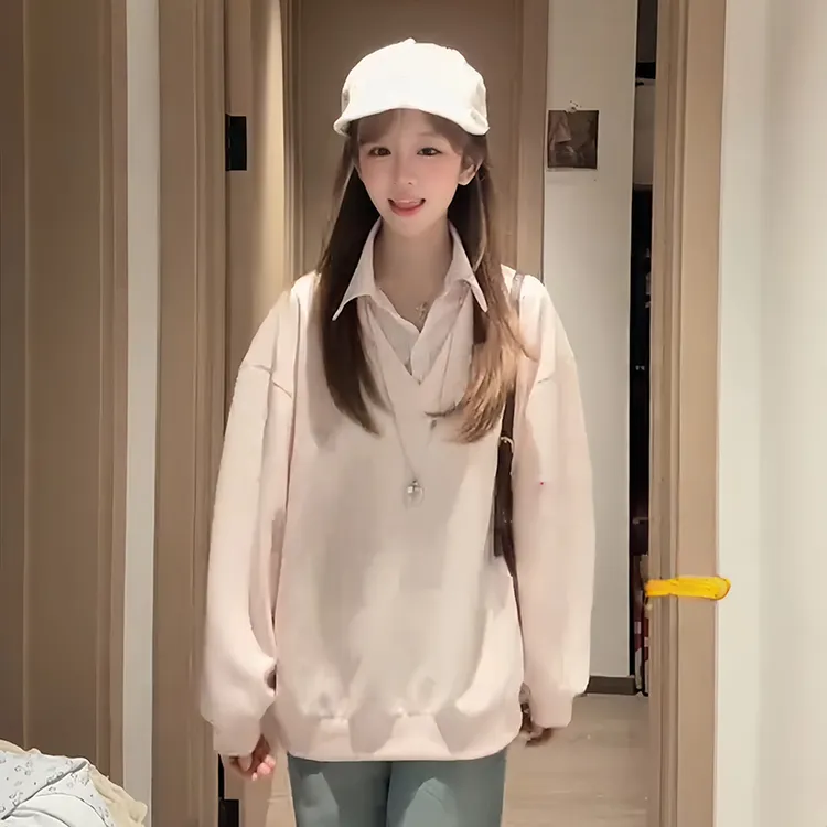 大码微胖假两件长袖卫衣女秋季新款设计感套头衫胖MM遮肉显瘦上衣