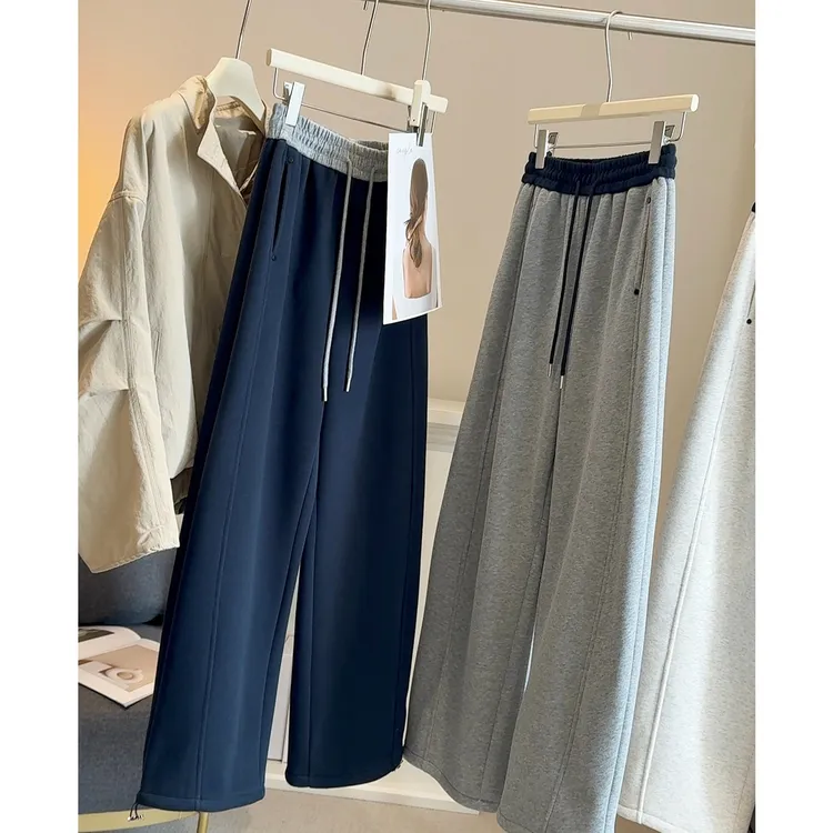 加绒加厚高腰显瘦阔腿弯刀裤女冬款百搭时尚撞色抽绳镰刀休闲卫裤