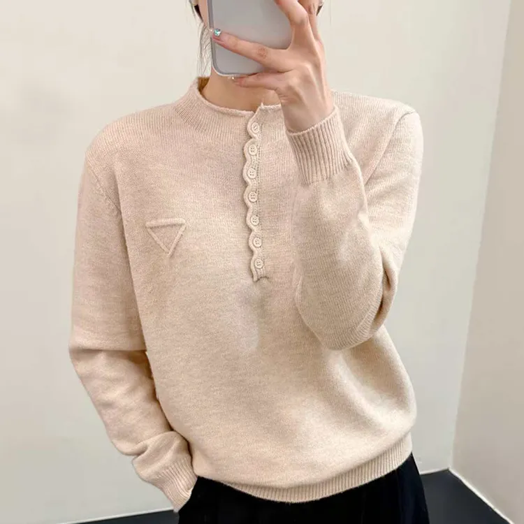 韩系半高领纽扣毛衣女秋冬减龄宽松长袖针织衫上衣休闲外穿打底