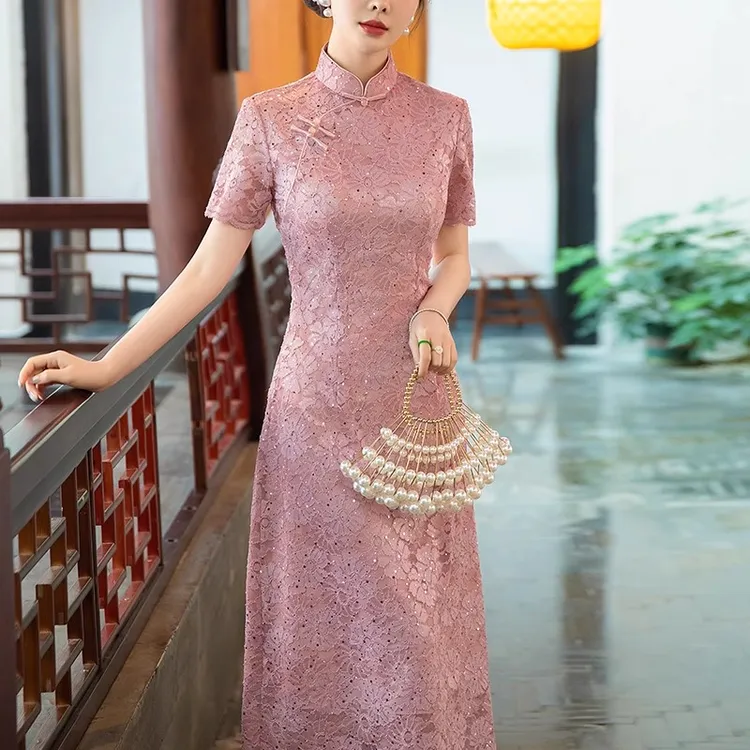 夏装喜婆婆婚宴装2025新款夏季蕾丝粉色旗袍妈妈礼服平时可穿高端
