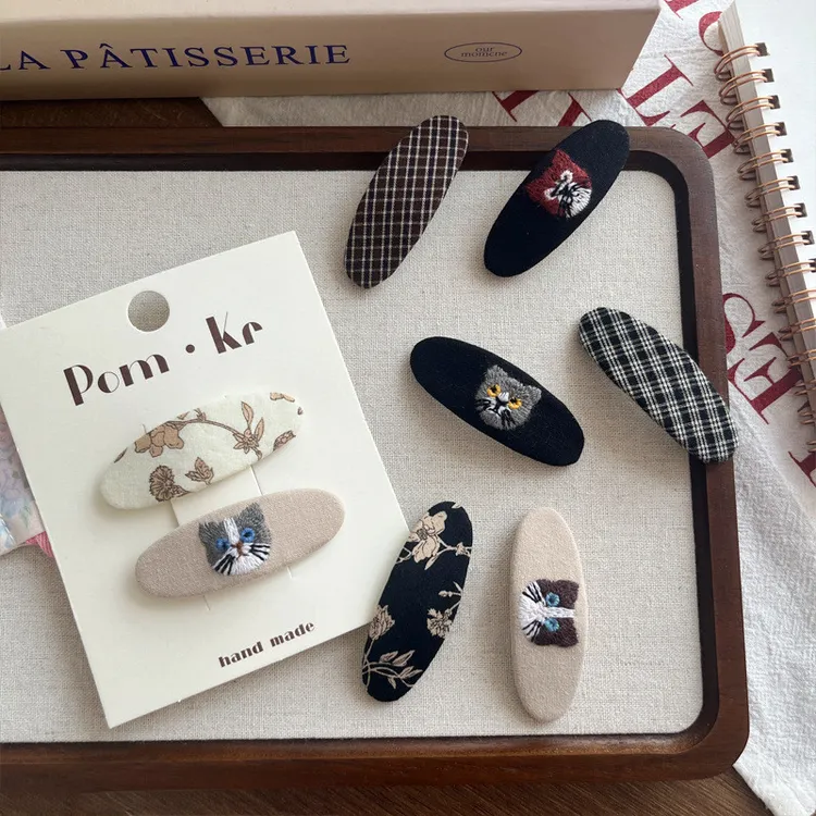 可调大号儿童秋冬发夹可爱猫咪图案新款格纹仿真锌合夹子头饰饰件