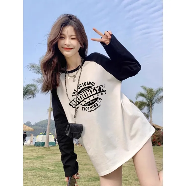 黑白撞色插肩袖t恤女2025新款韩版长袖oversize宽松春秋款上衣ins
