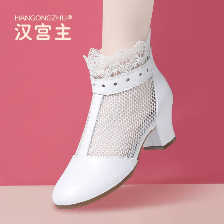 2025年新款夏季真皮透气舒适网纱跳舞鞋粗跟妈妈网面广场舞鞋