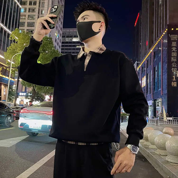 美式潮牌假两件卫衣男款春秋季格纹拼接撞色上衣2025新款翻领体恤