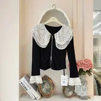 青青大码女装 秋季新款高级感蕾丝拼接气质黑色拉链长袖上衣C5952