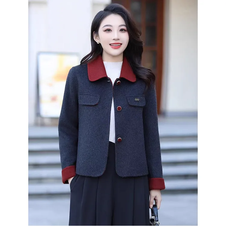 2025春装新款双面羊毛大衣女短款撞色显瘦小个子时尚修身外套减龄