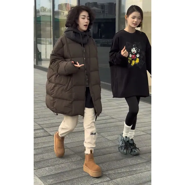 韩版百搭宽松中长款外套女欧洲站2024冬季新款时尚纯色拉链上衣潮