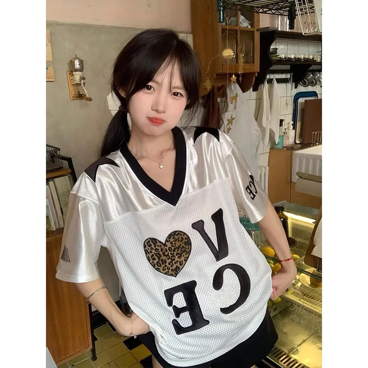美式运动网眼撞色v领短袖t恤女夏季新款豹纹球衣宽松情侣休闲上衣