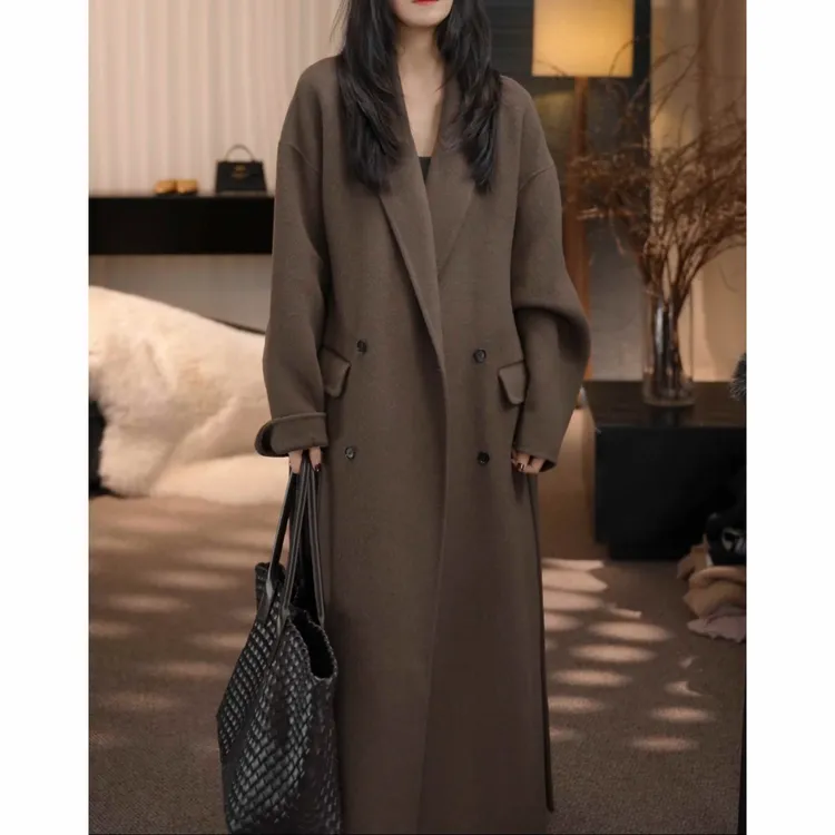 卢尚袖口标腰带长款呢大衣2002802