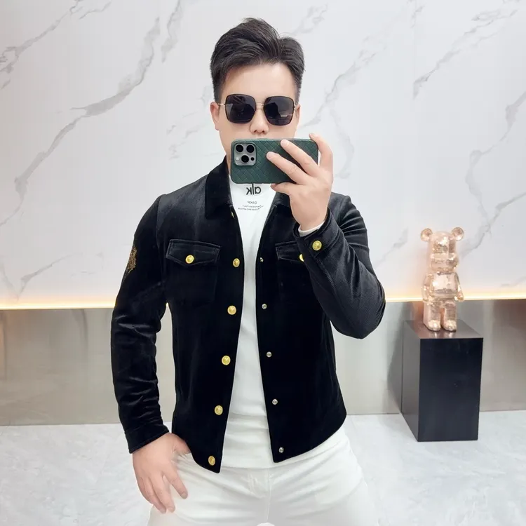 2025秋冬季新款男士灯芯绒夹克时尚韩版潮流重工刺绣修身翻领外套