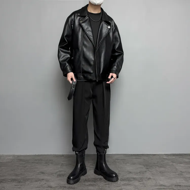 潮男前线秋冬潮流痞帅美式机车风皮衣夹克+魔术贴休闲裤套装