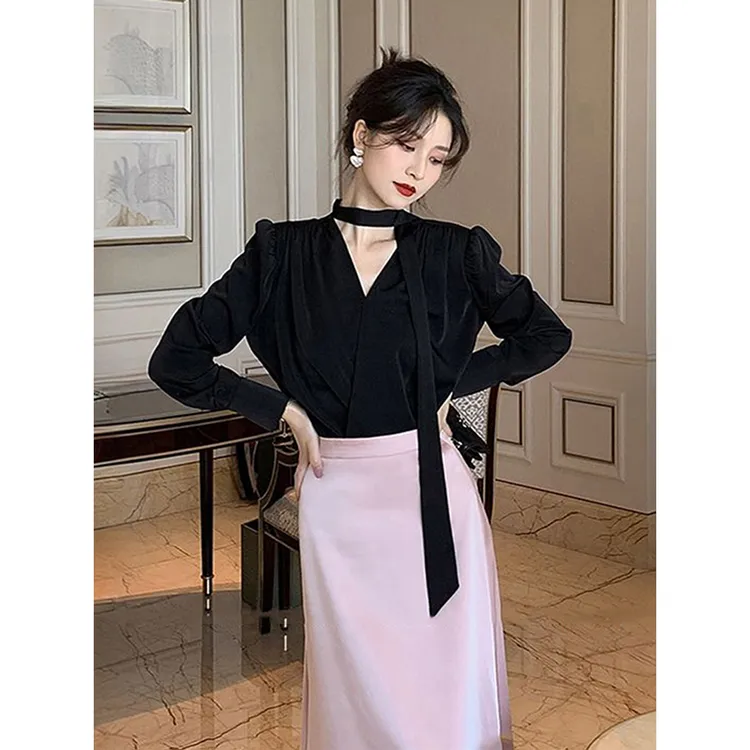 法式御姐气质名媛系带长袖衬衫女秋季2025新款设计感别致小众上衣