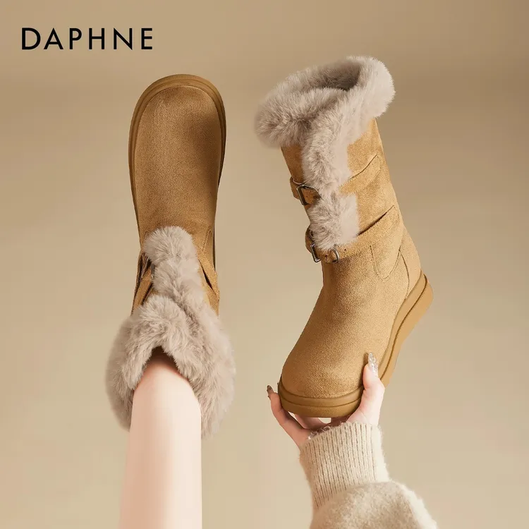 达芙妮加绒雪地靴女冬季2025新款百搭厚底长筒靴加厚毛毛保暖棉靴