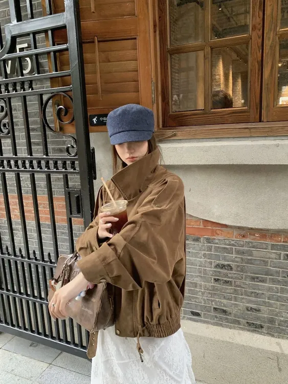 《酷女孩》春秋新款美拉德棕色夹克外套女小个子复古廓形麂皮绒上衣