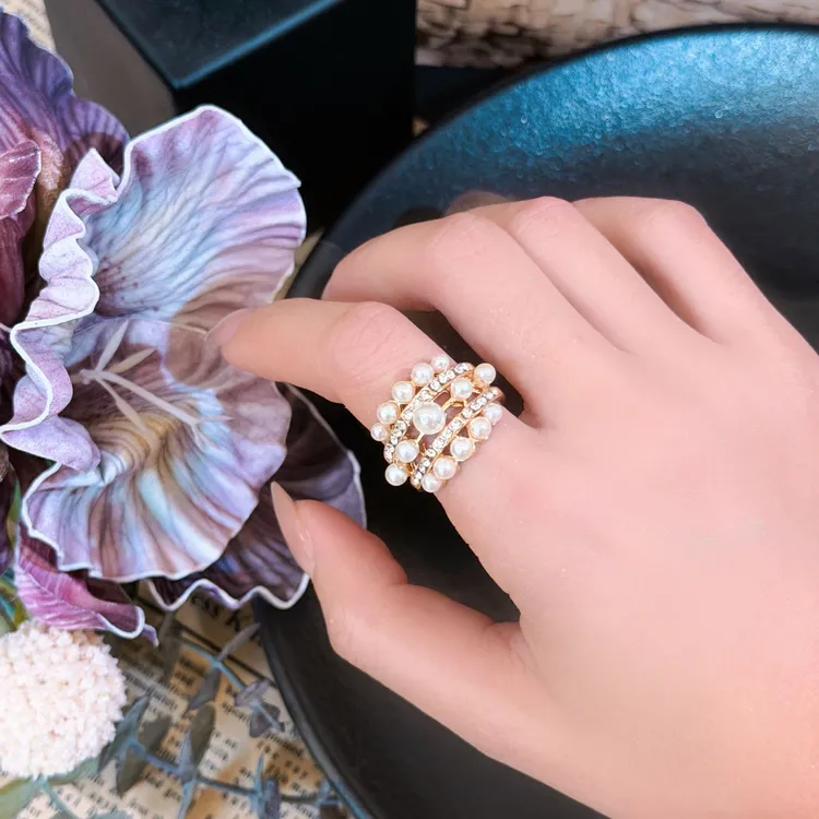 纯铜仿珍珠戒指 金色珍珠开口女轻奢高级感气质食指戒指环手饰